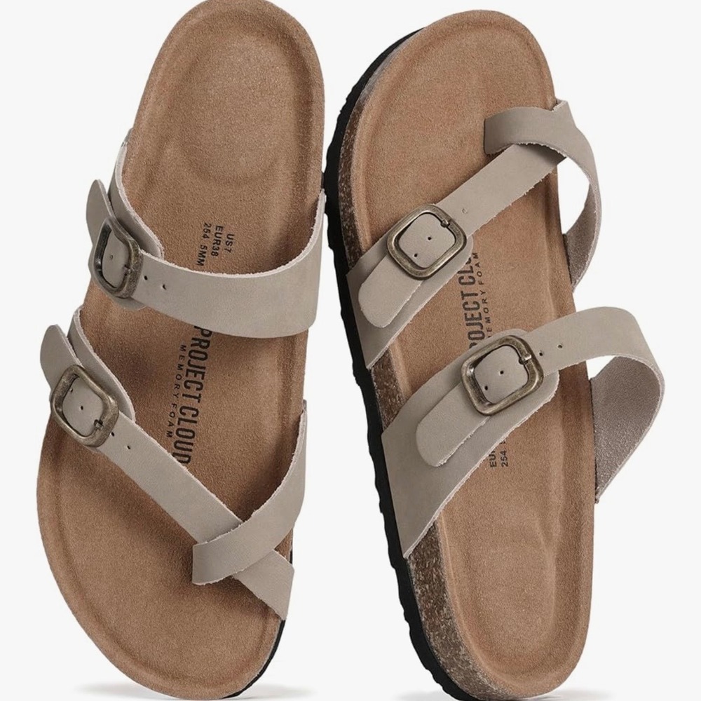 Project Cloud Womens Beige Lian Leather Memory Foam Toe Loop Sandals Size 9